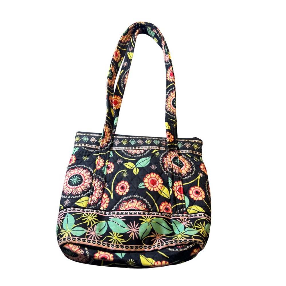 Vera Bradley Night and Day Quilted Floral Tote Bag Shoulder Purse Black Pink